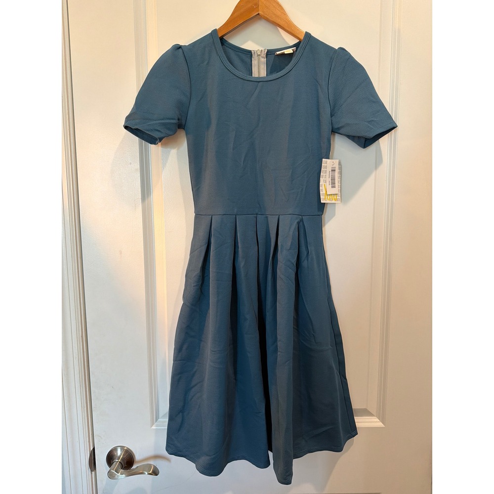 LuLaRoe Amelia Dress XXS Blue Textured Short Sleeve Pleated Fit Flare NWT